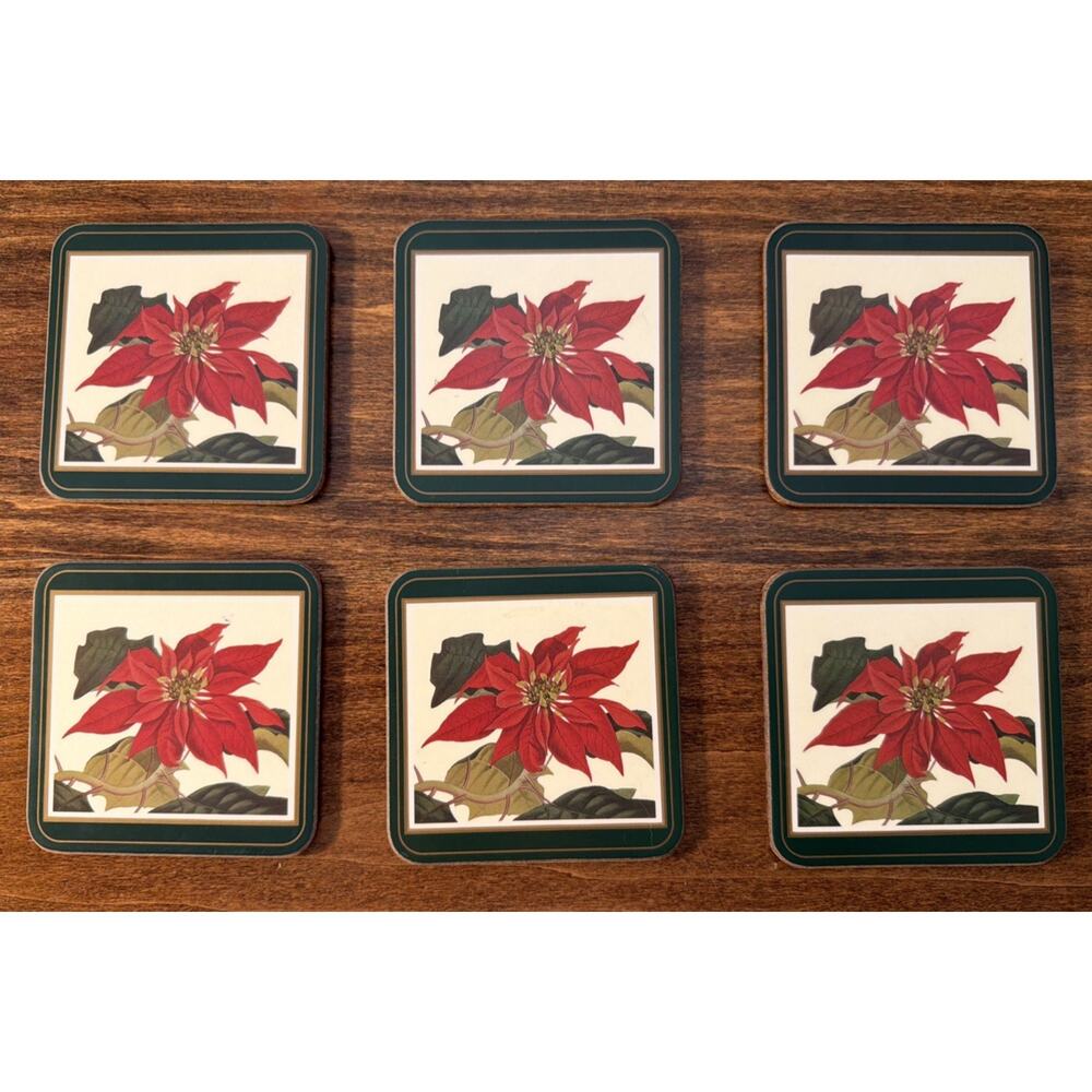 Pimpernel Poinsettia Christmas Coasters Cork Back Set 6 Made In England Boxed